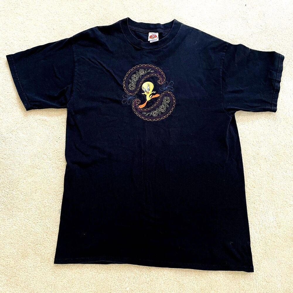 VTG 90s Looney Tunes Embroidered Tweety Bird Paisley Short Sleeve T-Shirt Sz XL